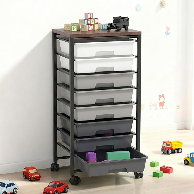 Rolling Cart with 8 Drawers, Storage Drawers Cart with Wooden Tabletop and Lockable Wheels, Craft Storage for Living Room, Office, Classroom, Craft Room, Bedroom (Gray)