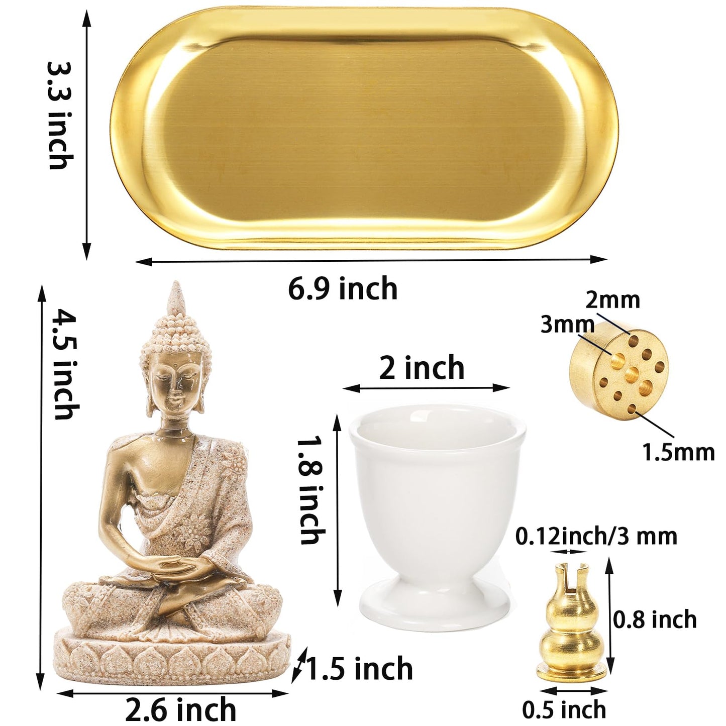 TOPZEA 6 in 1 Brass Incense Burner Holder, Palo Santo & Sage Sticks Holder, Ash Catcher Tray with Buddha Statue for Coil Incense, Incense Cone & Stick, Meditation Accessories, Yoga Room Decor