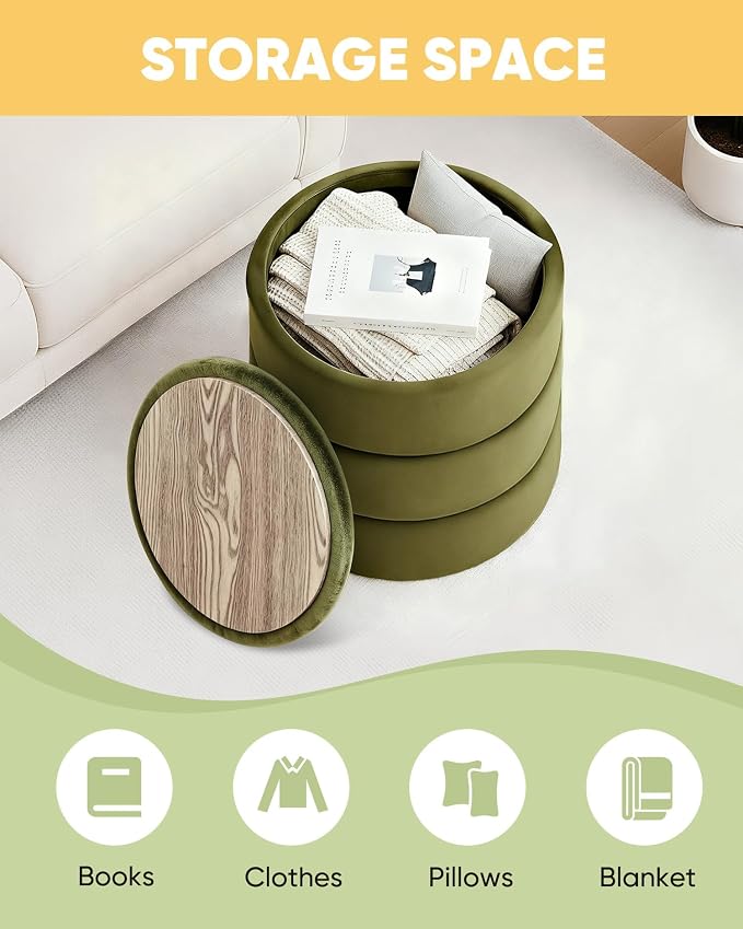 B FSOBEIIALEO Round Velvet Storage Ottoman with Tray, Folding Ottoman with Storage Coffee Table Foot Rest for Dorm Room, Living Room Olive, 15.35"x15.35"x14.57"