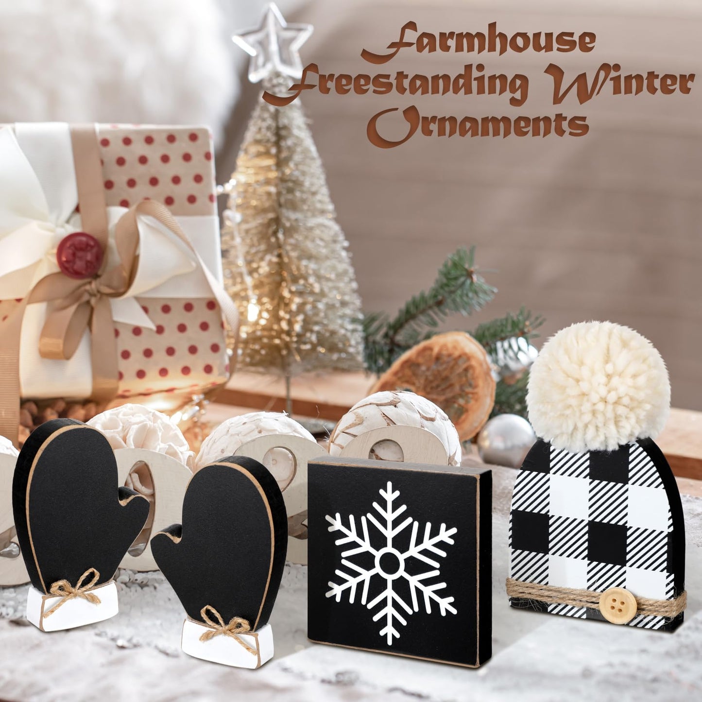 Wenqik 4 Pcs Winter Table Decor Snowflake Gloves Hat Wooden Table Centerpiece Black and White Rustic Farmhouse Wood Tiered Tray Decor Block Sign for Winter Holiday Party Office Shelf Home