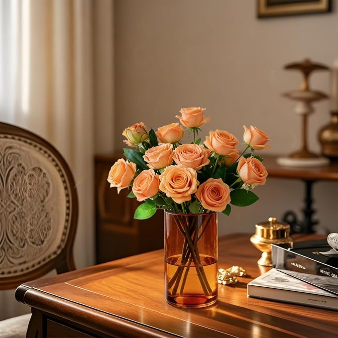 TBWIND 12pcs Amber Glass Cylinder Vases for Centerpieces, 6 Inch Bulk Flower Vases for Wedding Decorations, Hurricane Candle Holder for Floating Candles and Table Home Decor