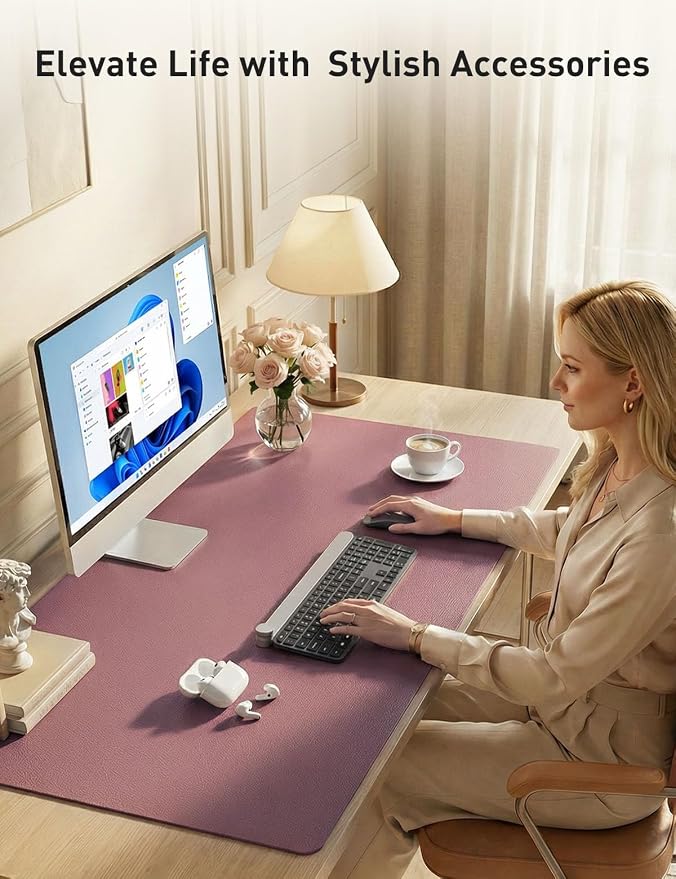 Aothia Faux Leather Desk Mat - Non-Slip PU Leather Desk Blotter, Waterproof Writing Surface, Large Desk Pad for Office & Home (Dark Pink, 55" x 24")
