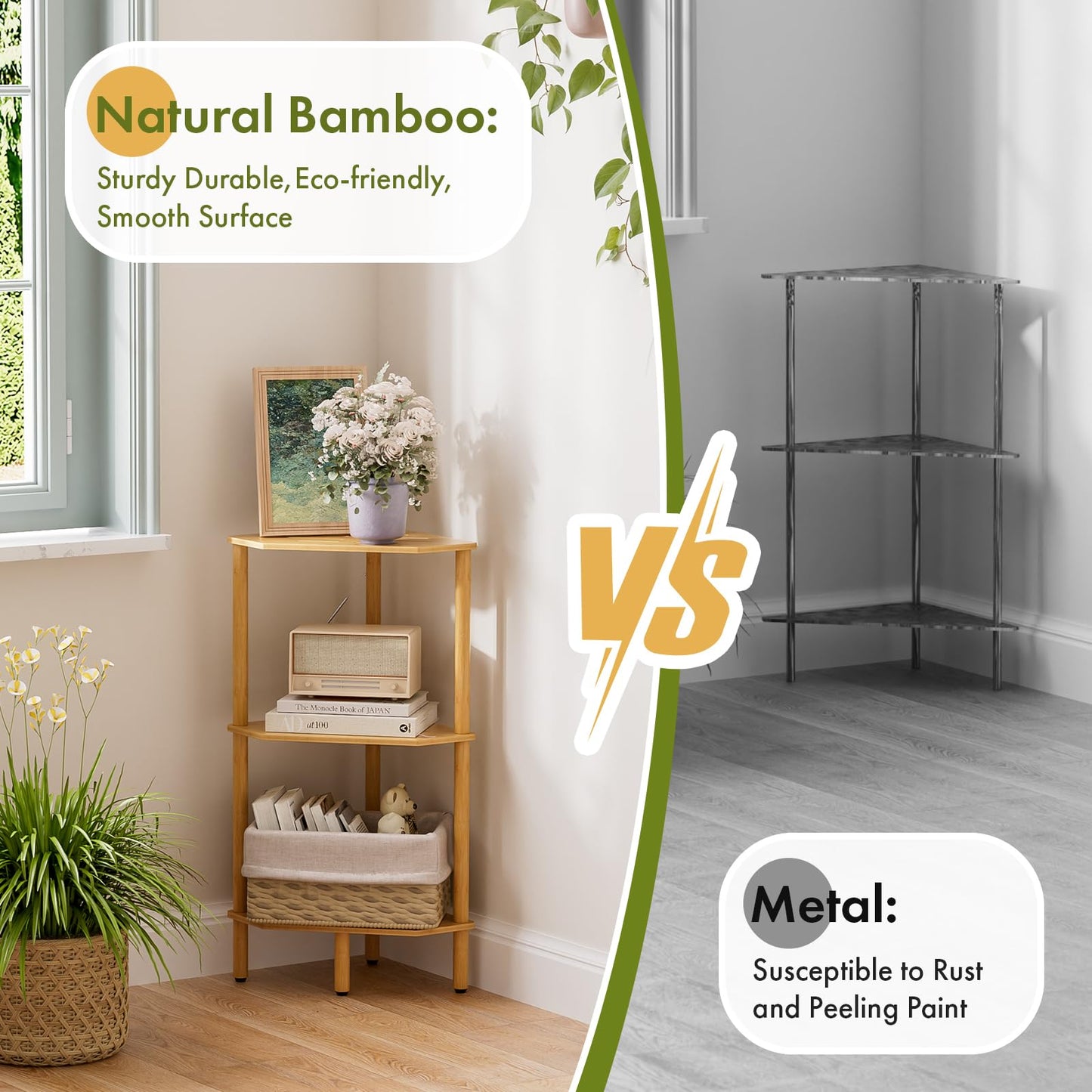 Atoping 3 Tier Bamboo Corner Shelf, Storage Stand with Adjustable Feet, Small Space Corner Bookcase, Outdoor Plant Stand, Space-Saving Organizer for Bathroom Kitchen Living Room