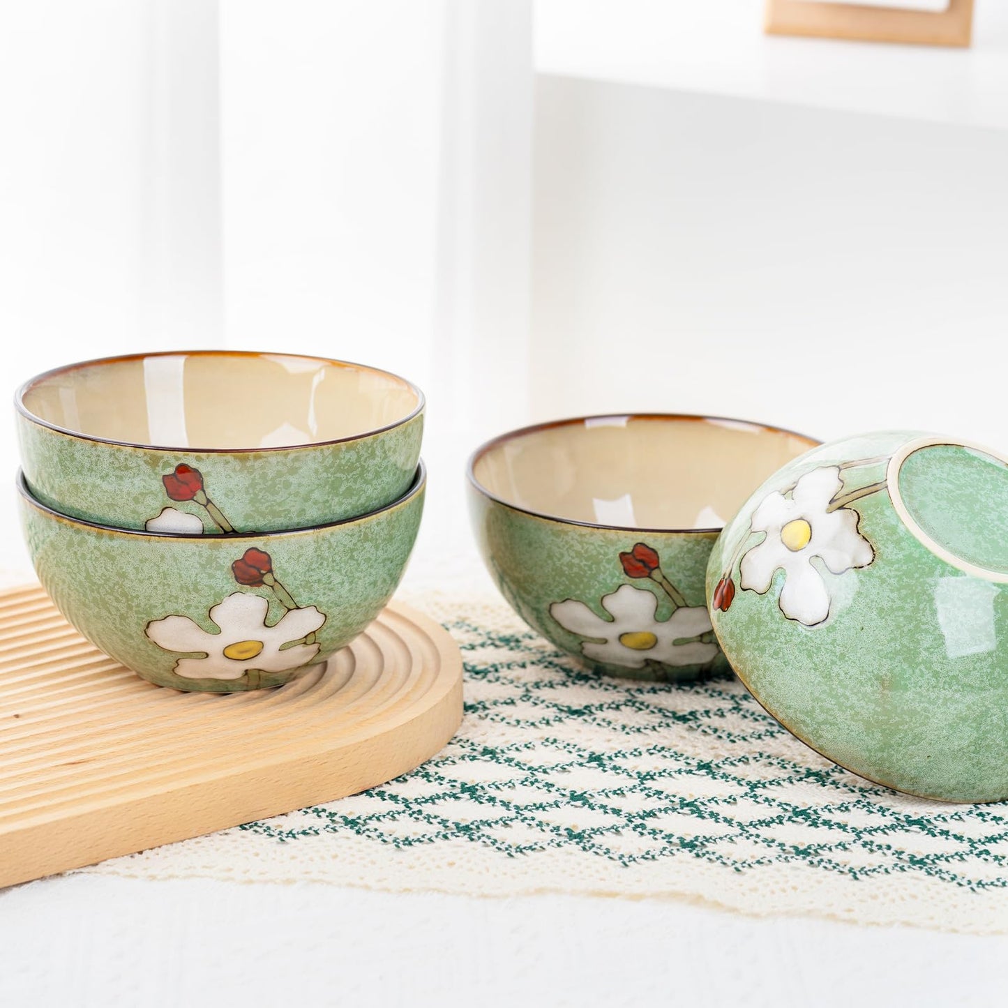 WHITEPEONY 28oz Ceramic Bowls Set of 4 for Kitchen, 6 Inch Hand-painted Floral Serving Bowls, Dishwasher Microwave Oven Safe, for Salad, Pasta, Ramen, Rice & Dessert, Breakfast Lunch Dinner, Green