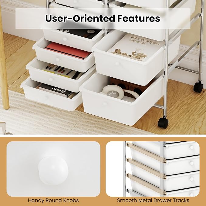 Giantex 15 Drawer Rolling Cart with Drawers, Storage Organizer Cart for Classroom Office School Teacher, Mobile Drawer Cart for Tools, Crafts, Small Printer, Ivory