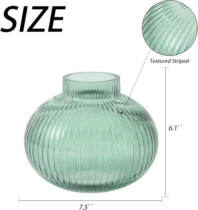 Green Glass Vase for Tulips, Ribbed Glass Vase for Flowers, Round Flower Vases, Small Short Vases for Living Room, Office, Coffee Table, Shelf, Wedding, 6 Inches