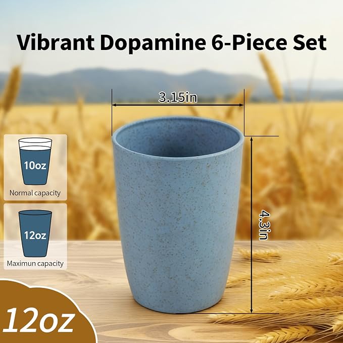 Wheat Straw Cups, Plastic Cups Reusable, Unbreakable Drinking Glasses with BPA-Free, Kids Plastic Cups, Dishwasher Safe, Eco-Friendly Cups for Party Office Outdoor Home, 6 Pack(12OZ, Multi)