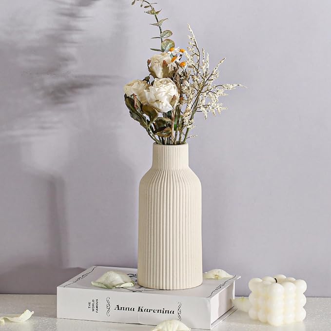 Bohemian Beige Ceramic Vase - for Pampas Grass, Mantel, Bookshelf, Entryway and Living Room Decor (Beige, 7in)