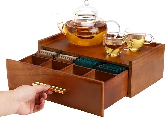 Tea Bag Organizer for Counter – Easy Pull Drawer, Anti-Slip Pads, Wooden Tea Organizer, Teabag Holder, 8 Compartments Drawer Storage, Flat Top Tea Station, Tea Box for Standard & Premium Bags