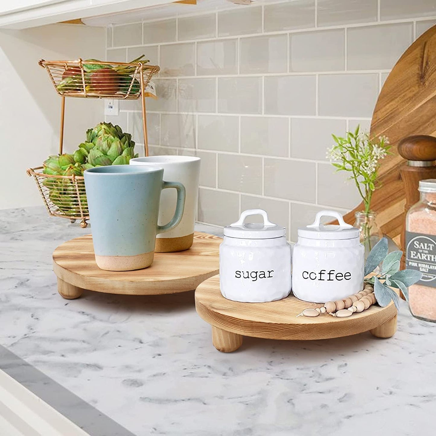 DEAMACE Wood Riser for Decor, 2 Pack Wood Pedestal Stand for Display, Round Wooden Tray for Kitchen Counter, Wooden Pedestal Stand for Plant Pot Indoor