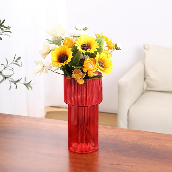 Red Glass Vase, 12 Inches Tall Vase for Flowers, Large Flower Vases for Bouquet, Modern Red Glass Vases for Living Room, Dining Table, Office, Entryway, Mantle, Shelf, Wedding Gifts