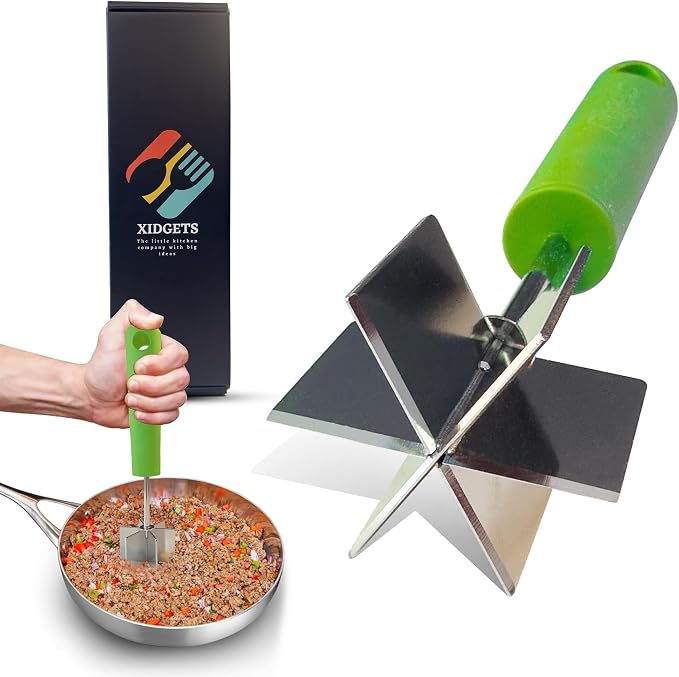 Stainless Steel Meat Chopper & Masher | 6-Blade Ground Beef Chopper Tool | Hamburger Smasher | Oversized Ergonomic Handle | Soft Grip | Dishwasher Safe - 9" (Zippy Green)