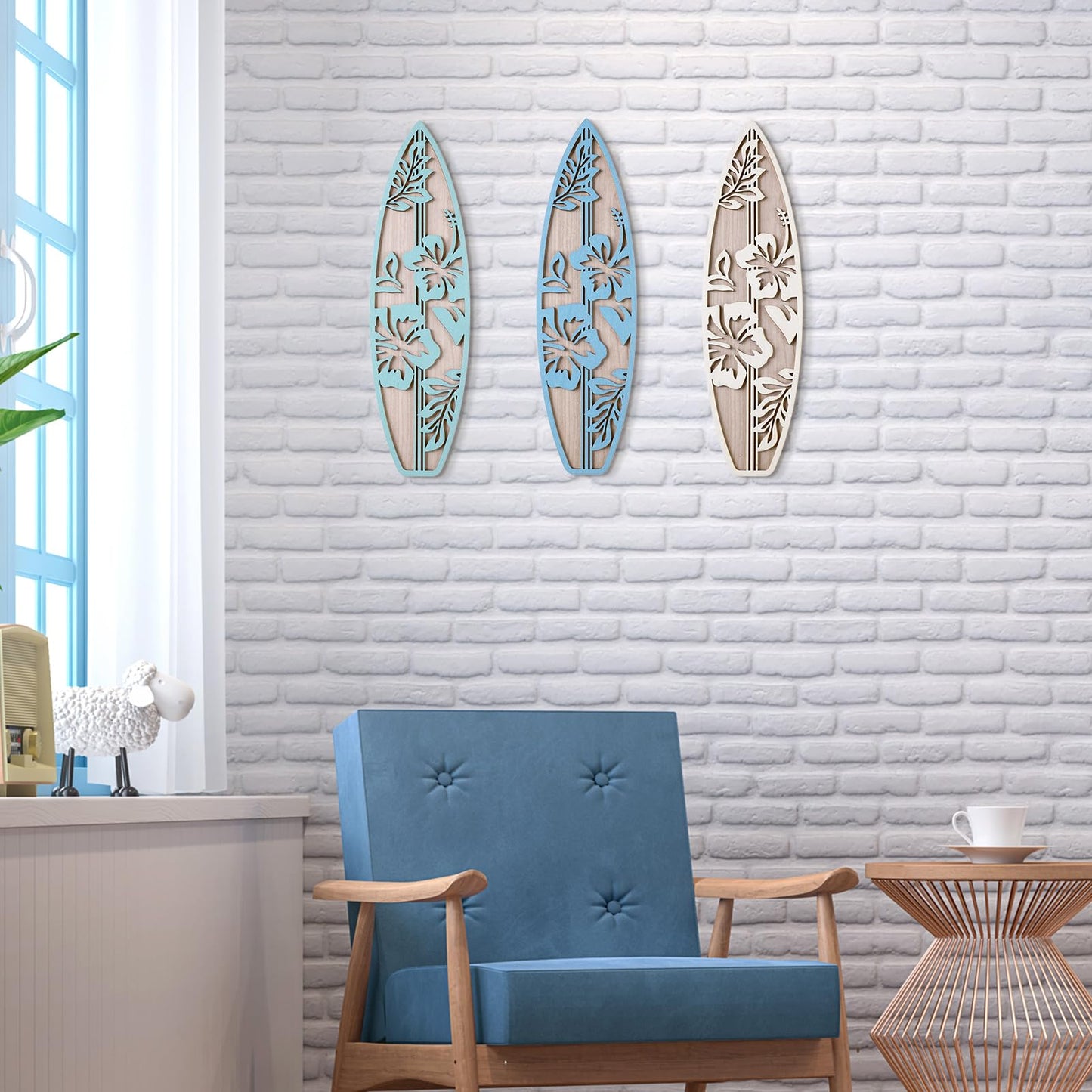 RattanView 3 Pieces Surfboard Decor for Bedroom Wooden Beach Wall Decor Summer Wood Surfboard Wall Hanging Sign for Tropical Living Room Decoration(Hibiscus,Blue)
