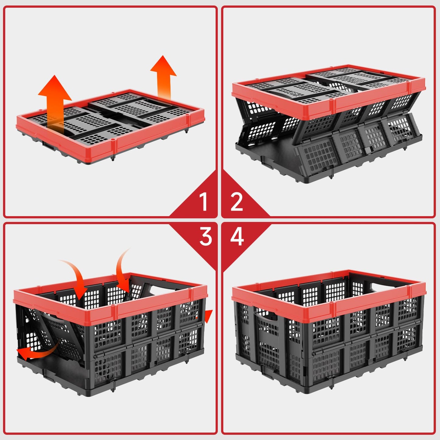 TOLRET 49L Collapsible Crate, Milk Crate for Storage, Foldable Storage Crate, Stackable Crate for Organizing for Home, Shopping, Camping, School, Office, Warehouse, Red