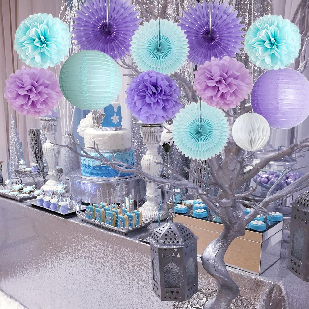 Winter Wonderland Decorations Snowflake Fans Blue Purple White Winter Birthday Bridal Shower Baby Shower Decorations with Confetti Table for Wonderland Snowflake Engagement Wedding Bachelorette Party