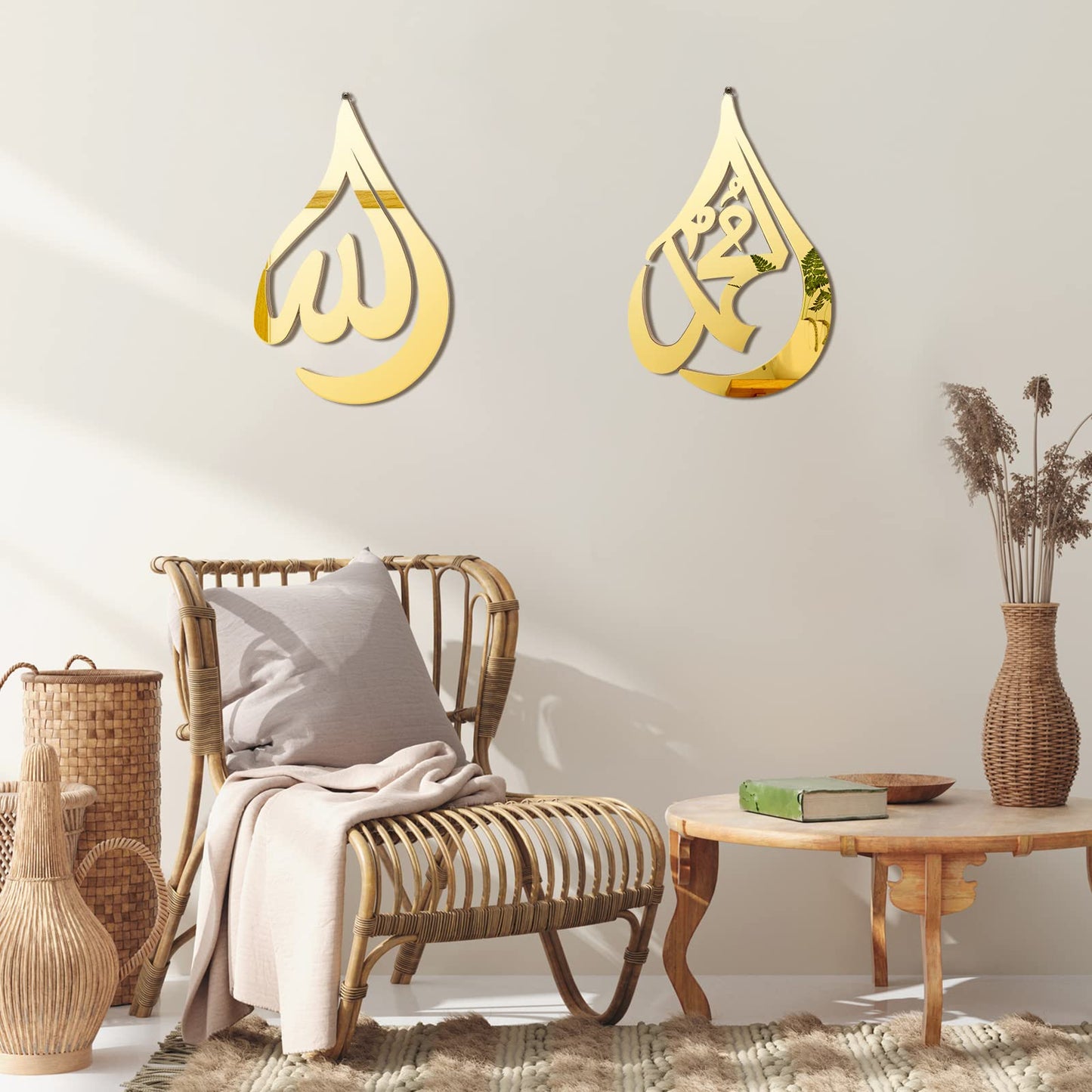 Qunclay 2 Pieces Gold Islamic Wall Art for Living Room Wooden Acrylic Teardrop Design Allah Art Wall Decorations Quran Arabic Calligraphy Decor Islamic Decoration Gift for Muslims at Ramadan