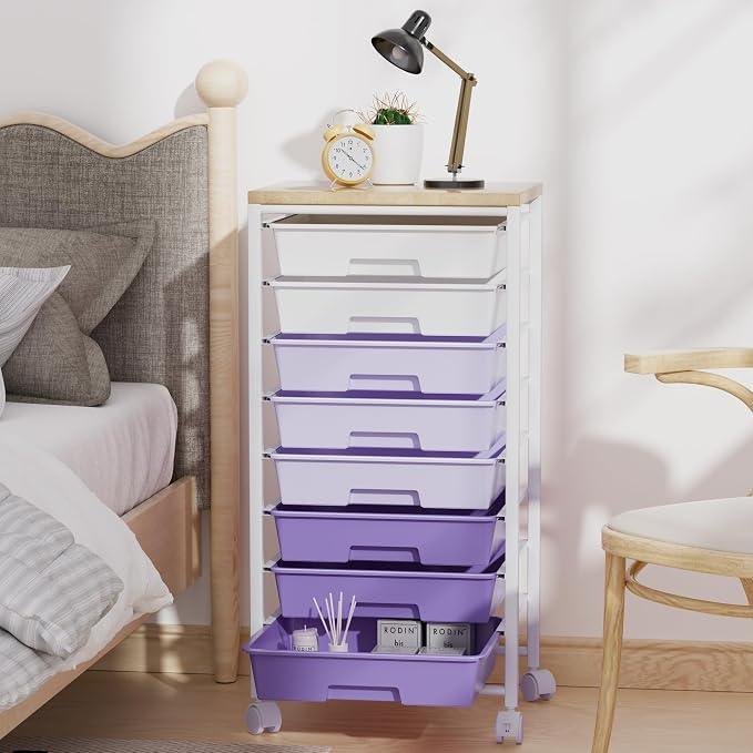 Rolling Cart with 8 Drawers, Storage Drawers Cart with Wooden Tabletop and Lockable Wheels, Craft Storage for Living Room, Office, Classroom, Craft Room, Bedroom (Purple)