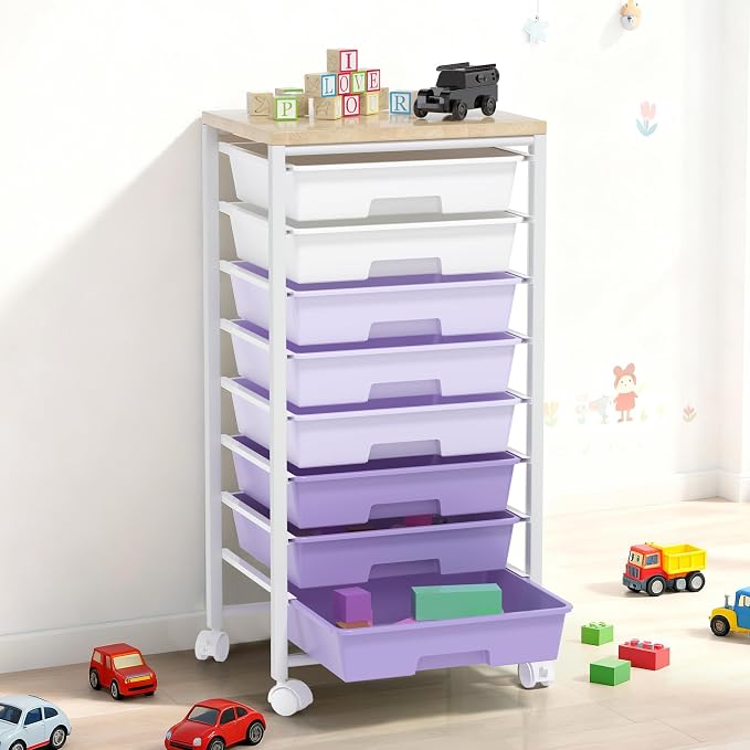 Rolling Cart with 8 Drawers, Storage Drawers Cart with Wooden Tabletop and Lockable Wheels, Craft Storage for Living Room, Office, Classroom, Craft Room, Bedroom (Purple)
