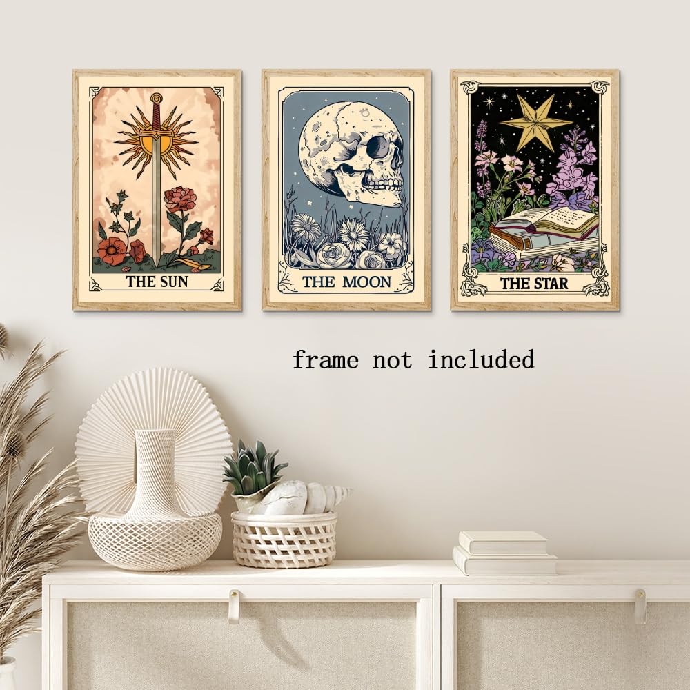 Set of 3 The Sun Moon Star Wall Art Mystical Tarot Card Print Earthy Boho Celestial Pictures Decor Astrology Posters Spiritual Witchy Room Aesthetic Painting for Bedroom 8x12inch Unframed