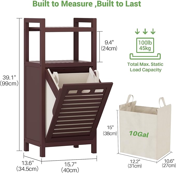 Homykic Tilt Out Laundry Hamper Cabinet, 10 Gal Bamboo Laundry Cabinet with Removable Basket, Hidden Hamper Organizer with Shelf for Dirty Clothes, Bathroom, Laundry Room, Space Saving, Espresso