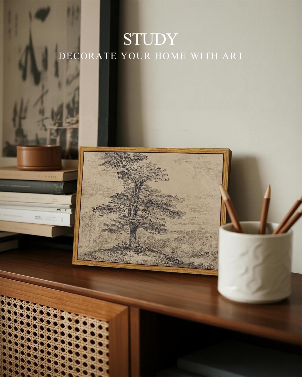 InSimSea Framed Canvas Wall Art, Neutral Sketch Tree Painting, Rustic Nature Scenery Decor for Living Room Shelf Hallway,10x8 in, Beige Tones