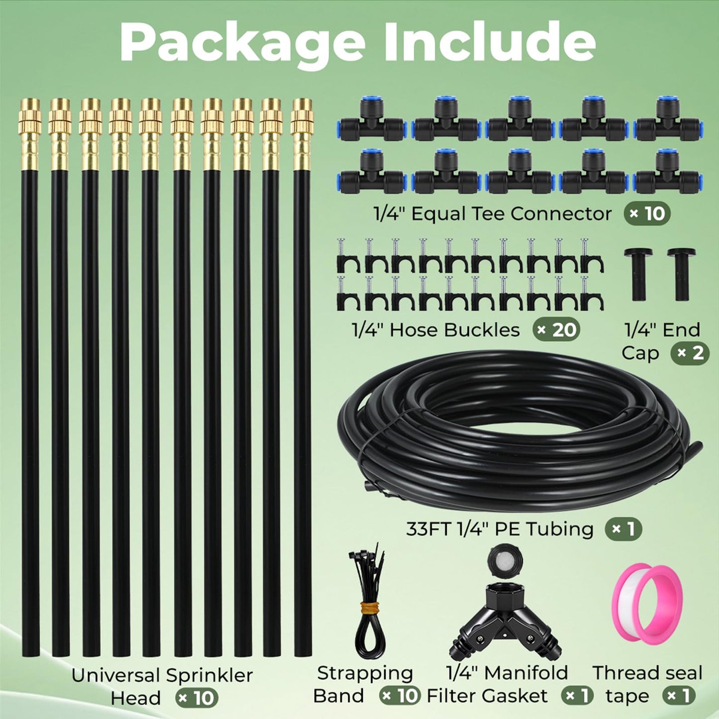 33FT Drip Irrigation System for Garden: 10 Nozzles 1/4" PE Tubing Automatic Watering Kit Adjustable Misting Sprinkler Mister Hose for Water Plants Tape Raised Beds Lawn Outdoor Yard Greenhouse