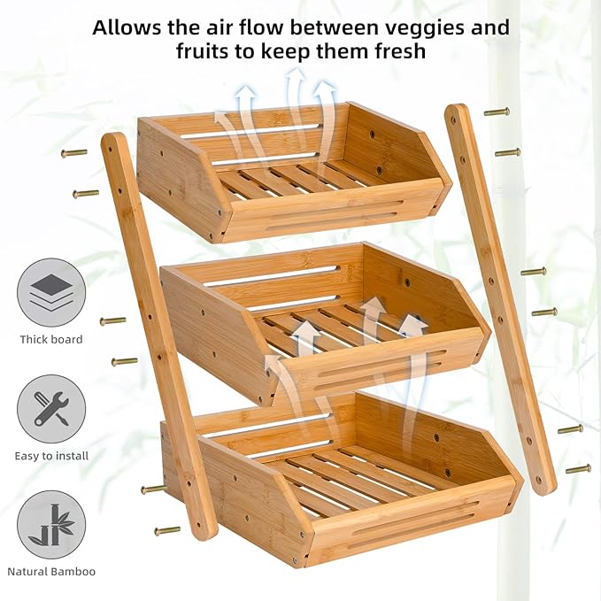 VIKEYHOME Fruit Basket, 3 Tier Bamboo Fruit Bowl for Kitchen, Stand Storage Holder, Heavy Duty/Large Capacity for Fruit, Vegetables Countertop Organizer