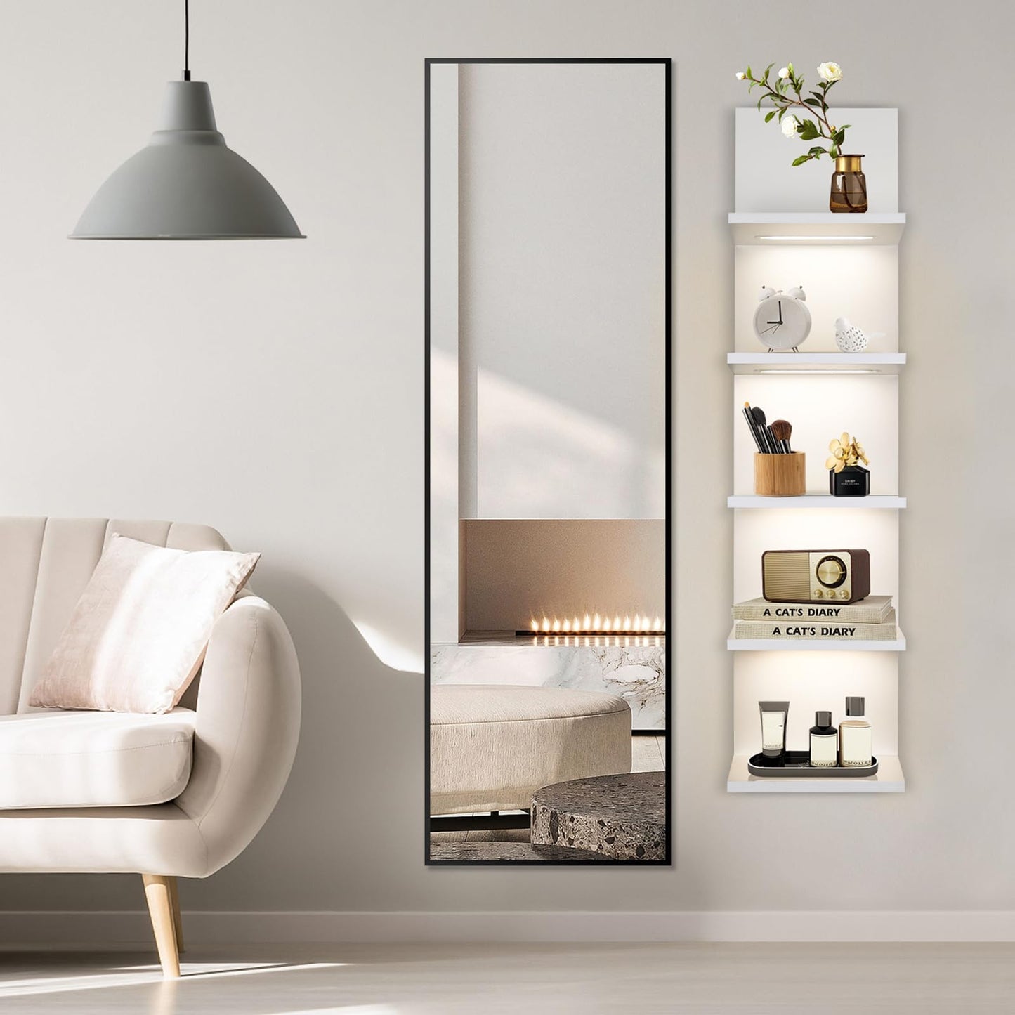 AskTag 5 Tier Wall Shelf Unit, White Shelves,Lack Shelf, Wall Shelves for Bedroom，Office,Bathroom, Vanity Shelves with LED Light