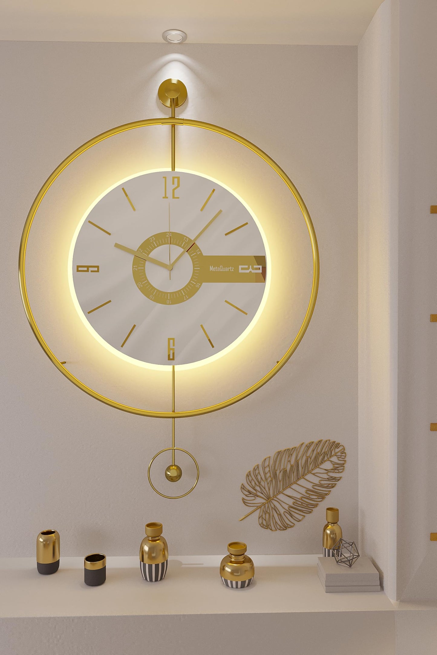 FUNTLY Large Luxury LED Backlit Wall Clock – Pendulum Roman Numeral Metal Ring, Silent Non-Ticking Decorative Clock for Living Room Bedroom Entryway, Modern Halo Glow (Elit Gold)