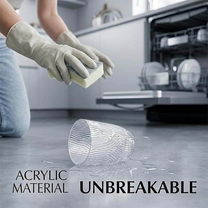 4 PCS Clear Acrylic Drinking Cups Reusable, Plastic Drinking Glasses, Acrylic Glasses Drinkware Stackable, Unbreakable Water Tumblers, Premium Textured, BPA Free, Dishwasher Safe, 330 ml/11.2 oz