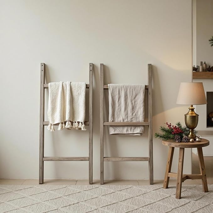 Wooden Blanket Ladder - Natural & Motley Wood - Leaning Wall Decor for Bedroom, Bathroom, Living Room - Rustic Quilt Holder & Towel Rack (Burnt Brown, 76in（6-Tier）)