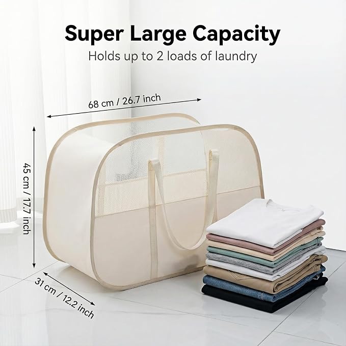 Foldable Laundry Basket with Mesh Window, Large Capacity 95L Dirty Clothes Hamper with Handles, Sturdy Steel Frame,Collapsible Laundry Hamper for Bedroom,Bathroom,Home,Dorm (Beige)