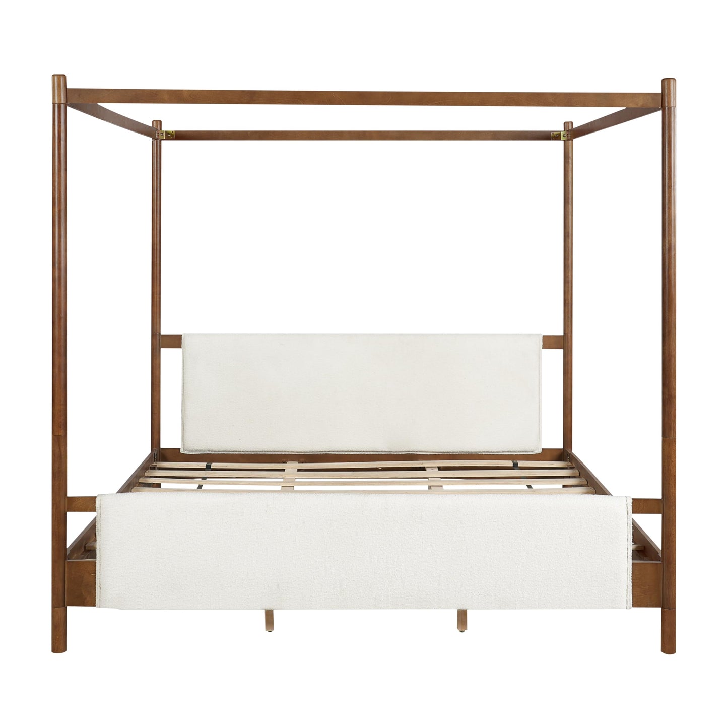Christopher Knight Home Rotie King Size Canopy Bed Frame, Boucle Upholstered King Size Bed Frame with Headboard, King Platform Canopy Bed, Wooden Slats Support, No Box Spring Needed, White+Brown