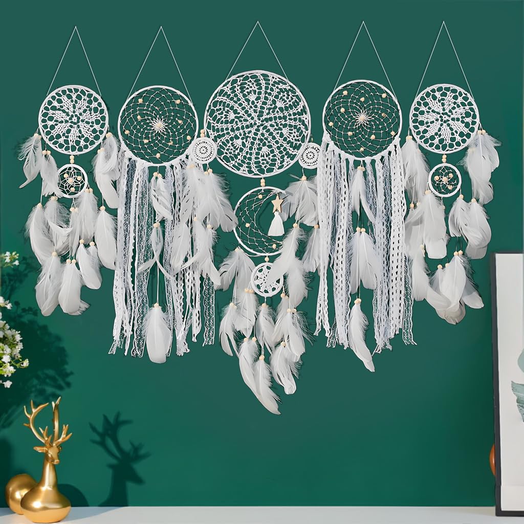 Handcrafted Dream Catcher Wall Decor Set, 5 Pieces, Round Shape, 10 Inch Diameter, Cotton and Feather, Art Deco Style, Moon and Star Design, Indoor Hanging Ornaments (5, White)