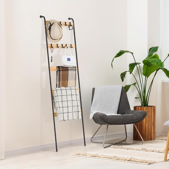 Blanket Ladder Towel Racks for Bathroom 5-Tier Bamboo Blanket Storage Holder with 10 Removable Hooks, Farmhouse Wall Leaning Display Rack Shelf for Living Room Bedroom, Wood Color