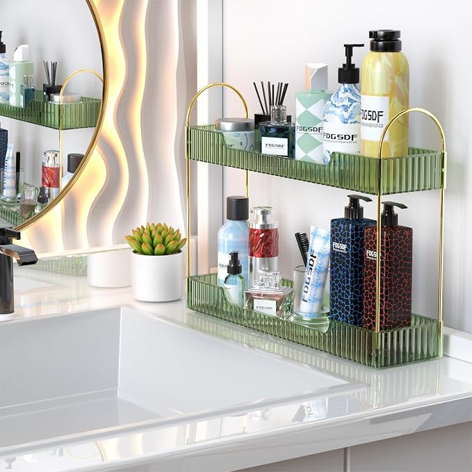 GTI Narrow Bathroom Organizers and Storage, 2 Tier Rectangle Makeup Counter Organizer, Perfume Cosmetics Skincare Vanity Organizers, Dresser Countertop Organizer for Women (Green)