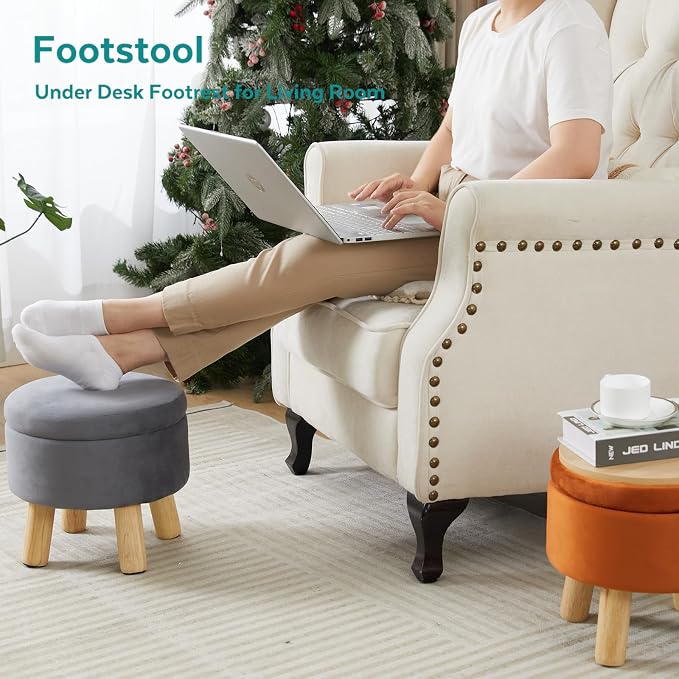 Small Foot Stool Ottoman with Storage, Velvet Ottoman Foot Rest for Couch, Round Footstool with Storage, Small Ottomans and Footstools for Living Room and Entryway (Gray)