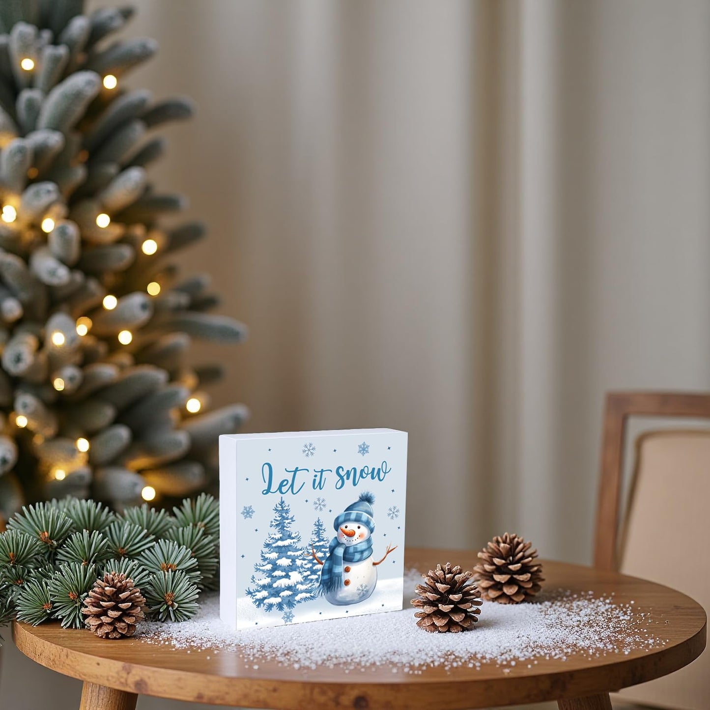 Winter Decorations Indoor Winter Decor Let It Snow Home Room Snowman Tree Office Bathroom Table Wood Box Sign Rustic Wooden Shelf Desk Decor Season Sign House Warming Gifts 5.9 x 5.9 Inch
