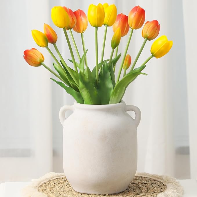 Ceramic Flower Vase Home Decor - Farmhouse Rustic White Table Vases with Handle Living Room Decoration Decorative Vintage Pottery for Kitchen Shelf Coffee Dining Desk Bookshelf Fireplace (7.6" Rustic)