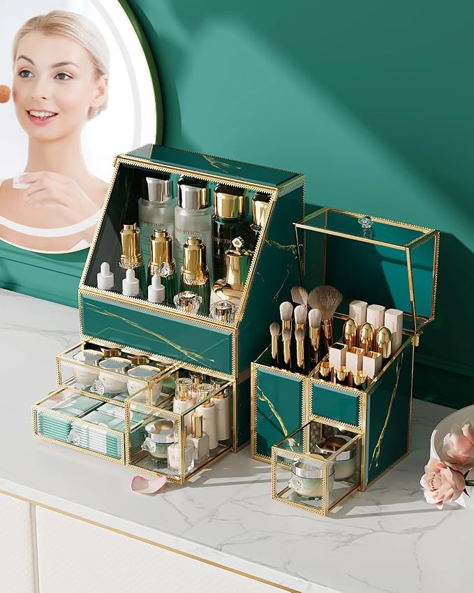 CoralHouse Vintage Green Glass Makeup Organizer with Lid, 3-Piece Vanity Organizer with Gold Frame, Cosmetic Display Case for Skincare, Perfume, Lipsticks, Brushes, Bathroom Countertop & Dresser