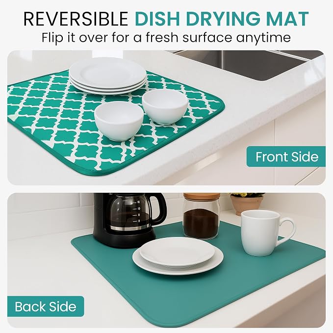 Dish Drying Mat for Kitchen Counter - 18 x 14 Inch Large Super Absorbent Microfiber Dish Drying Pad, Machine Washable Quick Dry Under Dish Rack Mat, Counter Protector for Dishes Pots Pans, Coffee Bar