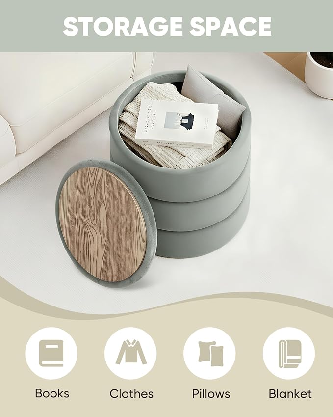 B FSOBEIIALEO Round Velvet Storage Ottoman with Tray, Folding Ottoman with Storage Coffee Table Foot Rest for Dorm Room, Living Room Sage, 15.35"x15.35"x14.57"
