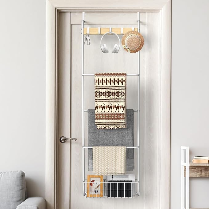 Over The Door Towel Rack,5-Tier Over Door Towel Racks for Bathroom,Towel Rack with Hooks and Basket Door Hanging,Blanket Ladder for Living Room White