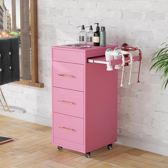 Salon Trolley Cart with Wheels, 3-Drawer Rolling Hair Styling Station, Mobile Beauty Trolley with Hot Tools Holder, Storage for Salon, Barbershop, Spa & Tattoo, Pink