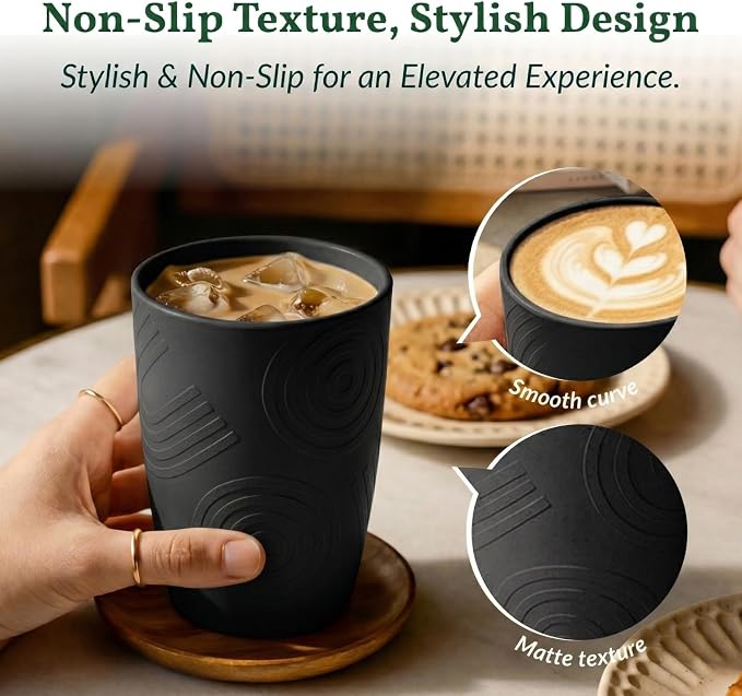 Homienly Wheat Straw Drinkware 12oz Unbreakable Drinking Glasses 6-Piece Stackable Kithen Cups Dishwasher and Microwave Safe Cups for Everyday Family Meals, Entertaining-Black