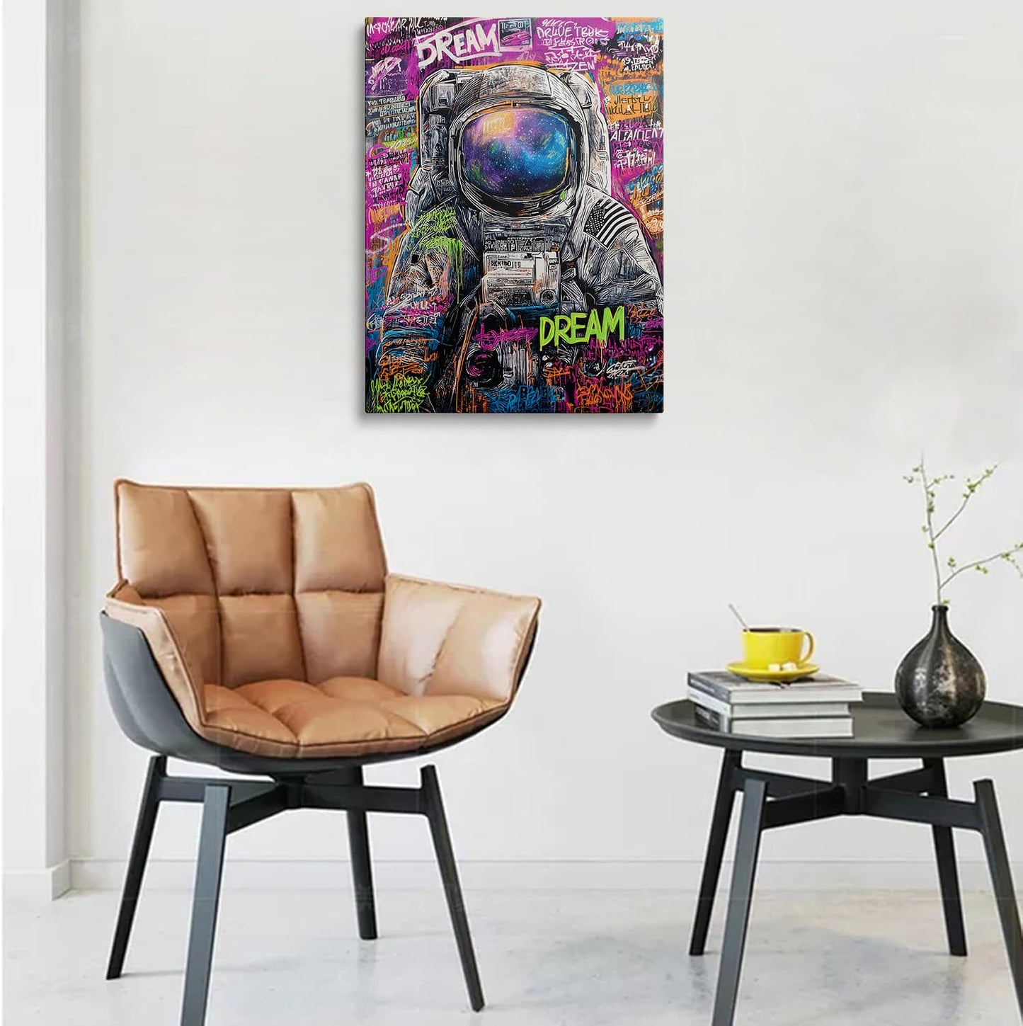 Graffiti Astronaut with DREAM Text Galaxy Visor Canvas Wall Art Framed Banksy Style Painting Prints Posters Artwork for Boys Room Space Themed Wall Decor 12x16 Inches