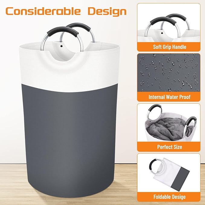 BlissTotes 75L Laundry Basket, Freestanding Laundry Hamper, Collapsible Dirty Clothes Hamper, Waterproof Fabric with Foam Protected Aluminum Handles for College, Dorm, Family (Gray)