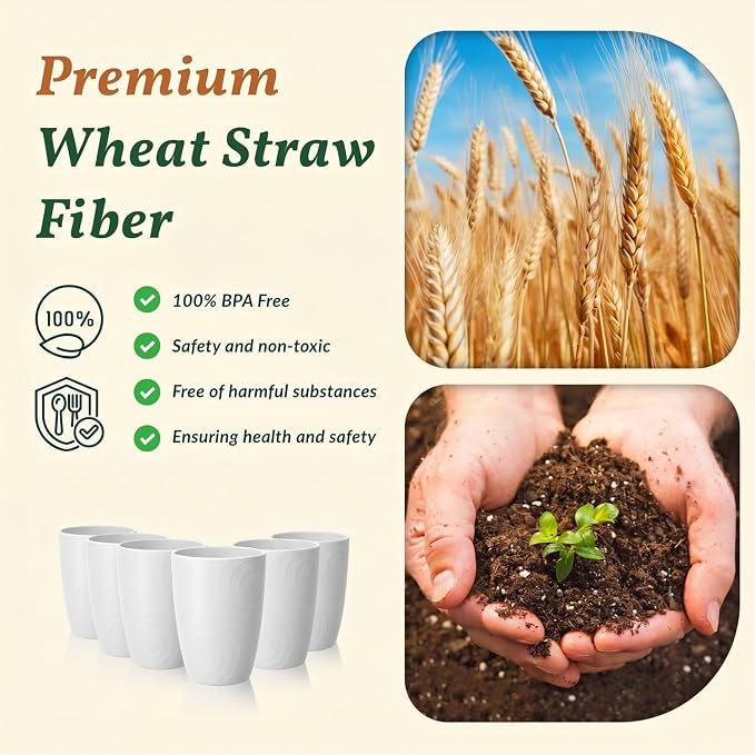 Homienly Kitchen Cups 12 OZ Wheat Straw Drinking Glasses–Unbreakable, Lightweight & Reusable Alternative to Plastic Cups,Dishwasher Safe Cups for Kitchen & Outdoor Use (White, 6 PCS)