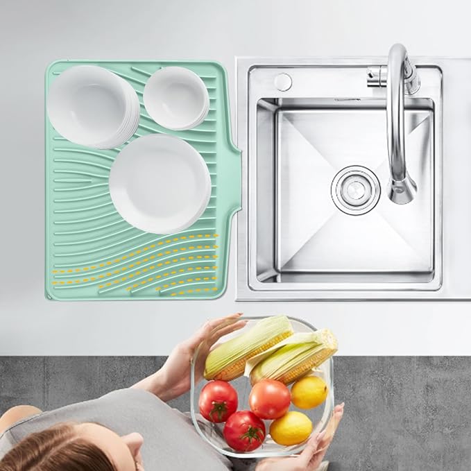 TIKNIK Silicone Dish Drying Mat for Kitchen Counter - Heat Resistant & Non-Slip Dish Drain Pad with Built-In Drain, Dishwasher Safe, Quick-Dry, Hangable & Roll-Up for Storage, Mint-1pcs, 16" x 12"