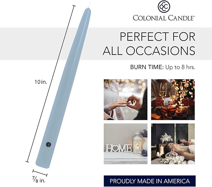 Colonial Candle Unscented Taper Candle, Handipt Collection, Wedgewood, 10 In, Pack of 12 - Up to 8 Hours Burn
